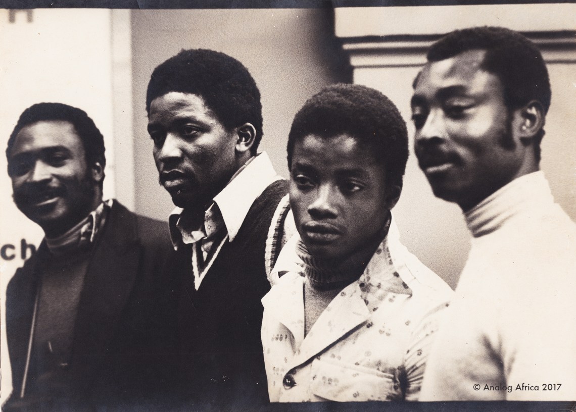 Olinga Gaston, Kofana André, Théodore Essama, Bernard Ntone outside Studio Decca in Paris 1976